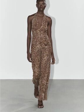 Zara Brown Animal Print Halter Neck Overalls Jumpsuit